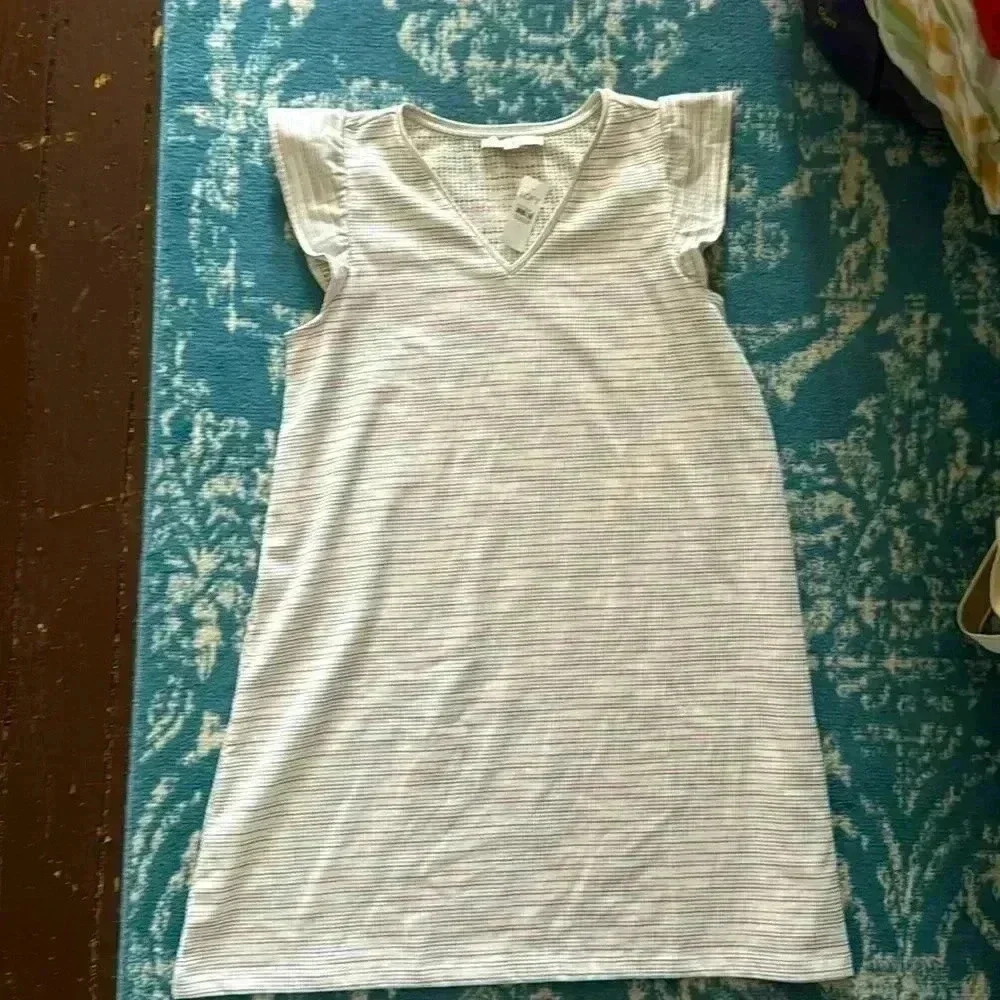 Loft V-neck retro 70s cap sleeve striped dress L NWT